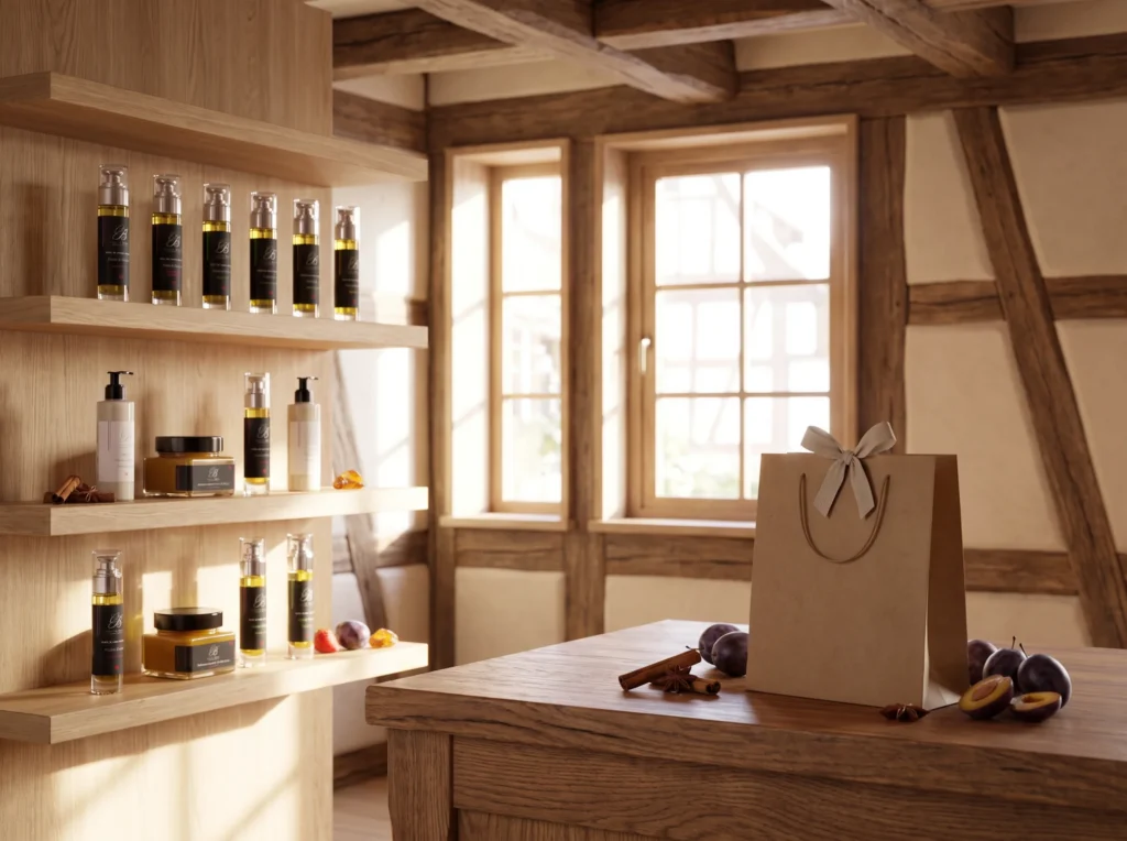 Intérieur d’une boutique alsacienne à colombages, étagères de soins Camille Becht