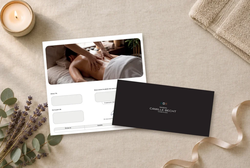 La carte cadeau Maison Camille Becht, ouverte et fermée, posée sur un linge avec une bougie et de la lavande