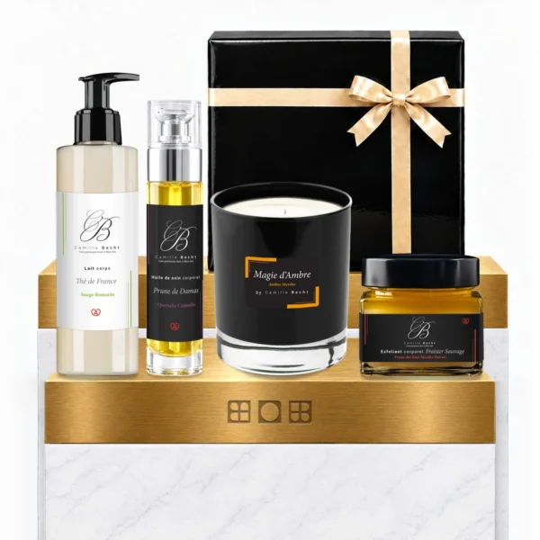 Coffret 4 soins : lait corps Thé de France, huile Prune de Damas, bougie Magie d'Ambre et exfoliant Fraisier Sauvage, boîte cadeau noire